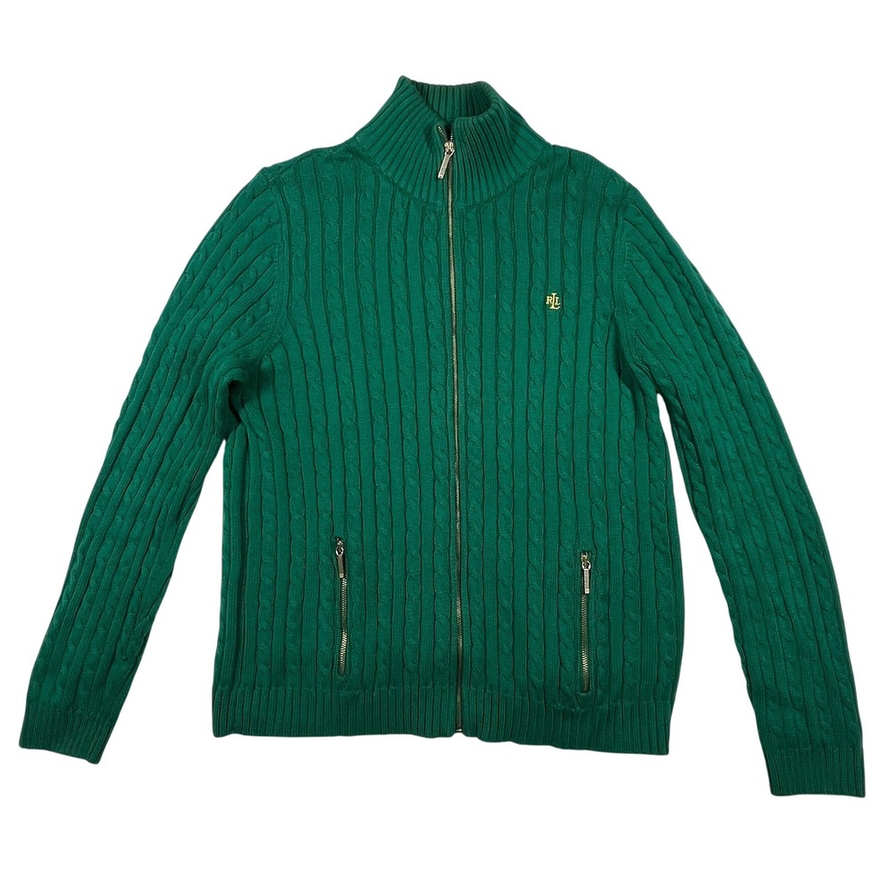 Lauren Ralph Lauren Full Zip Cable Knit Cardigan Womens L Green Mock Neck Preppy - Picture 4 of 12